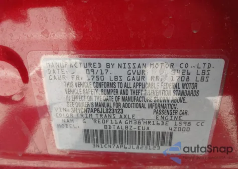 2018 Nissan Versa 1.6 Sv z USA, uszkodzony, nr VIN 3N1CN7AP6JL823123